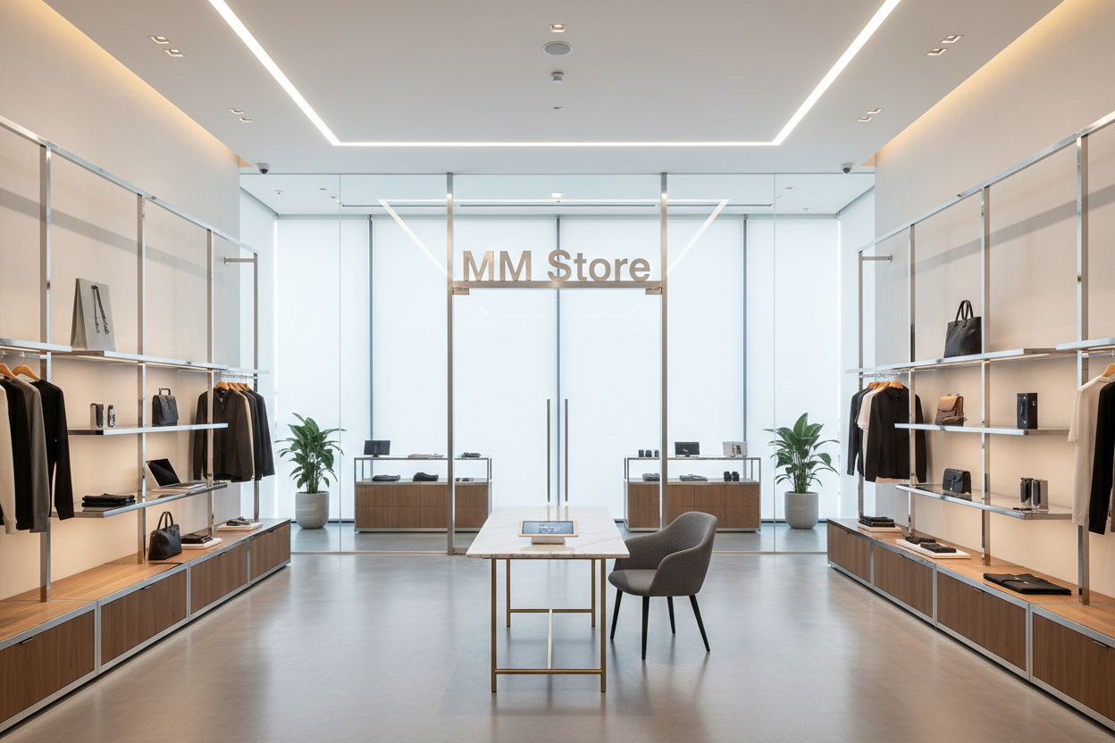 store with Glass with some articles on right and left sire..in center one table and one chair with letter " MM Store "....